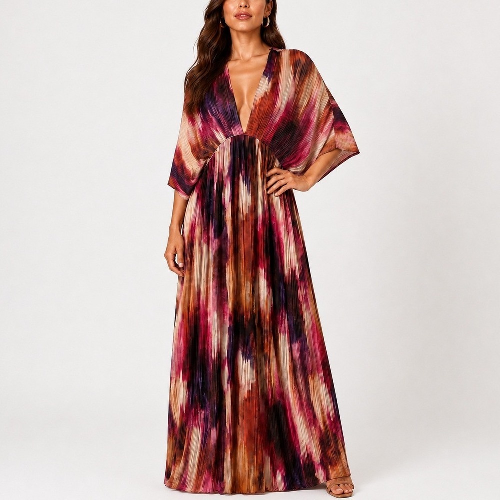 Banana Republic Ana Pleated Maxi Dress L Purple Pink Watercolor Bohemian Vibrant
